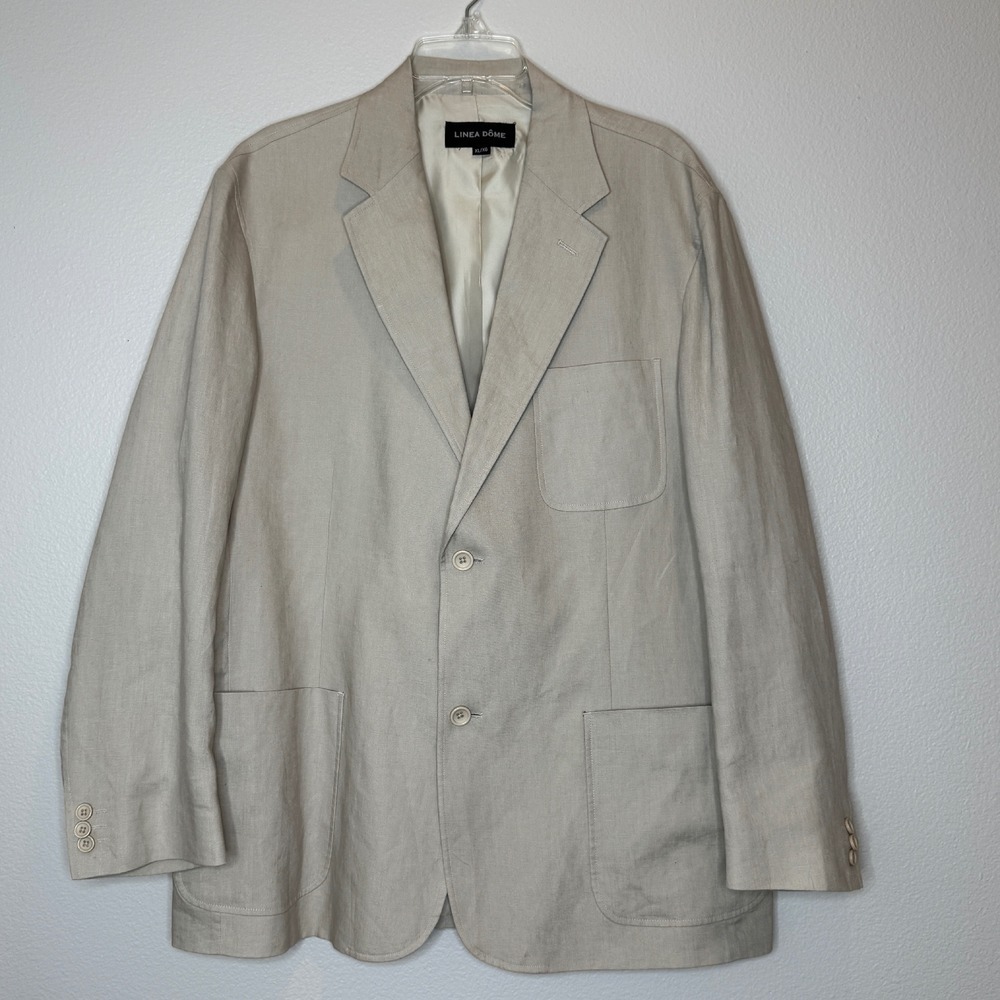 LINEA DOME Mens Linen Sport Coat Blazer XL Tan‎ Patch Pockets 2 Button Classic